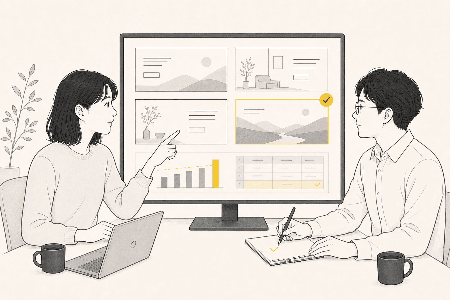 画面に映したレポートを指しながら説明する人と、メモを取りながら聞いている人のイラスト