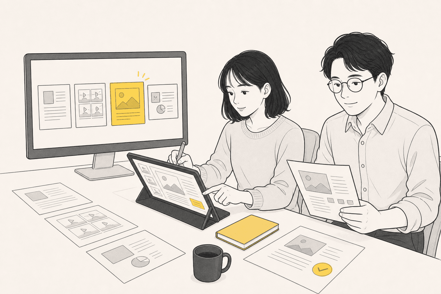 印刷した資料とタブレットを机に並べて、2人で中身を確かめているイラスト
