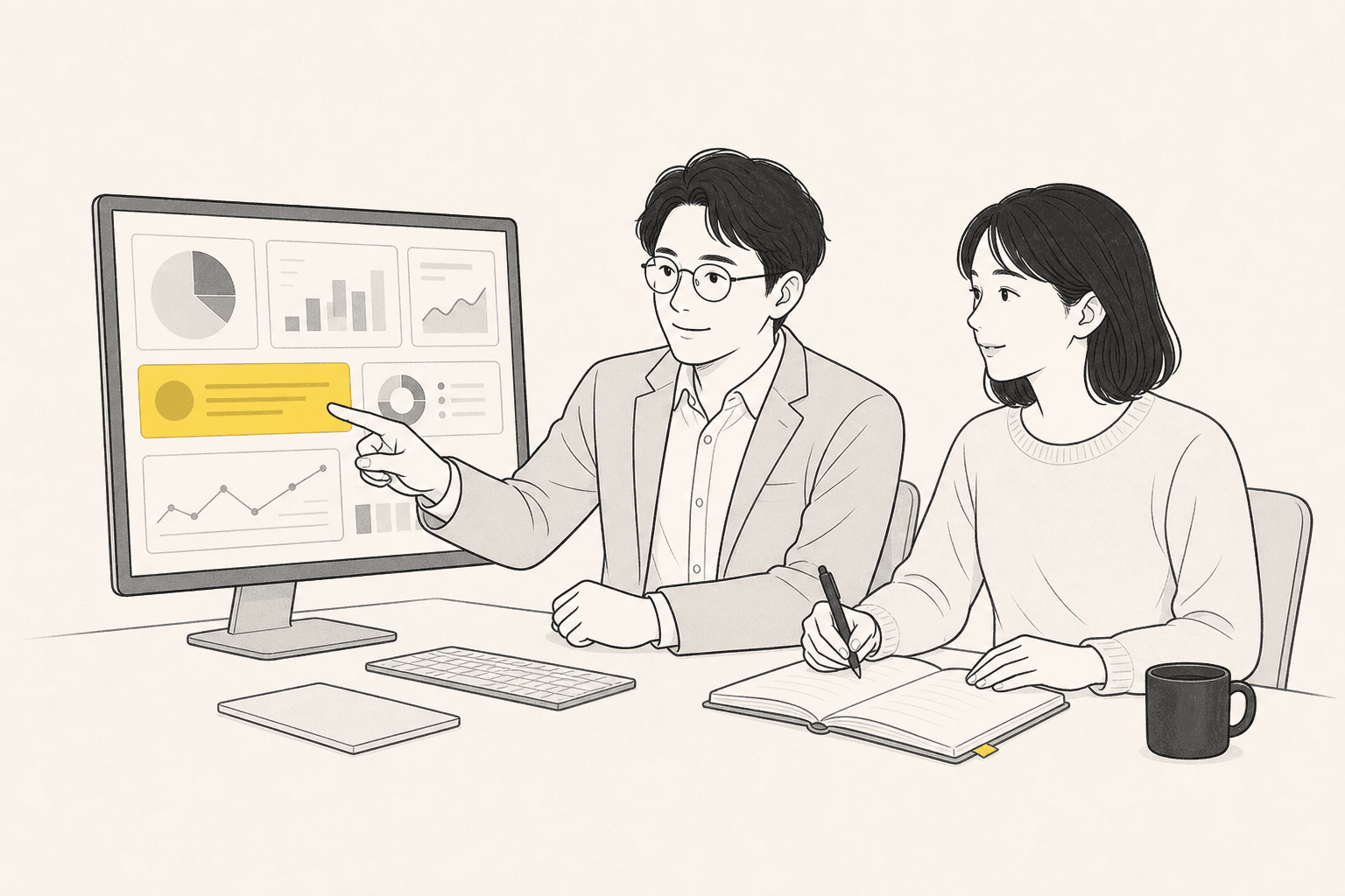 モニターに映したグラフを指しながら説明する人と、ノートを取りながら聞いている人のイラスト