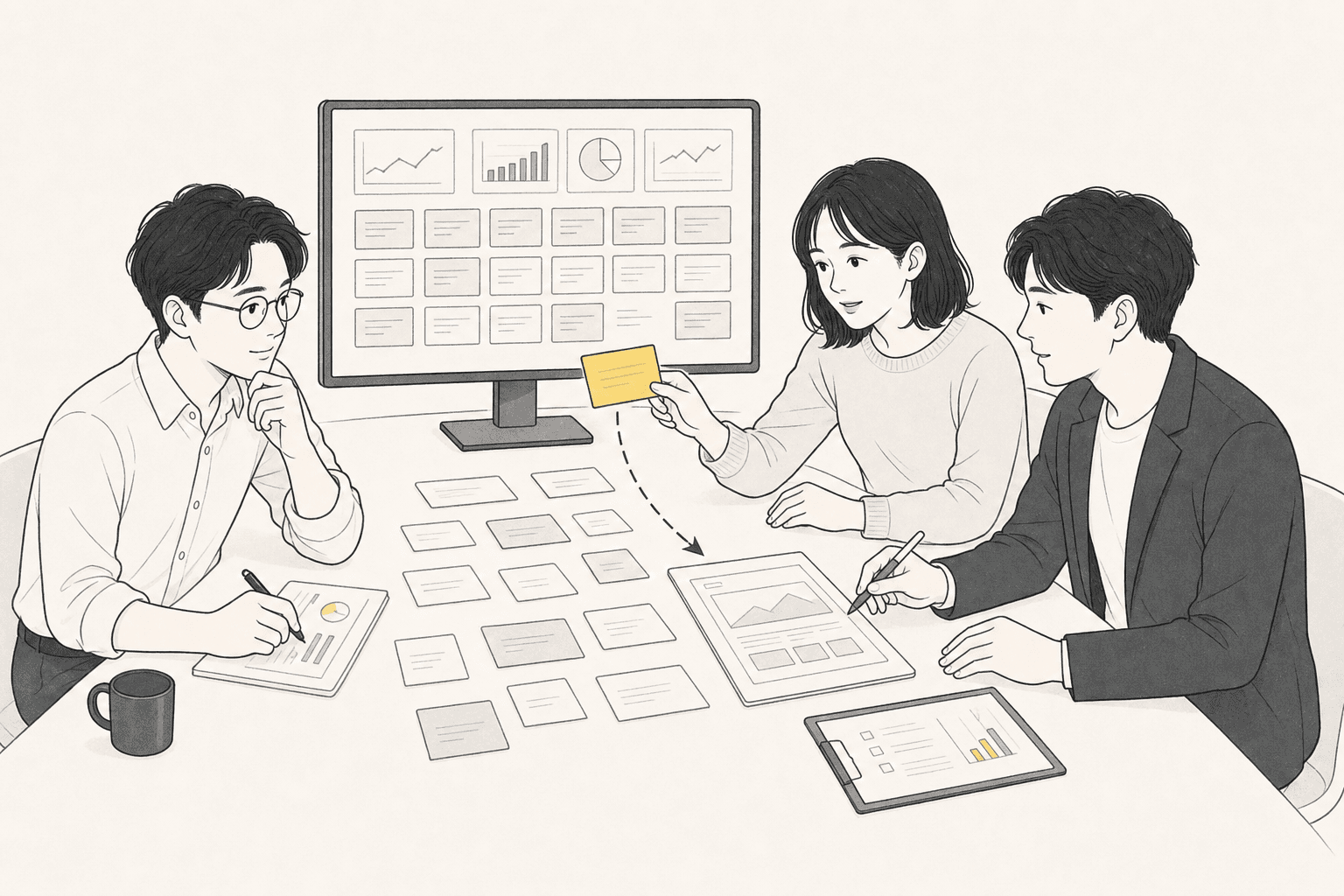 机いっぱいに施策の資料を広げ、モニターのグラフを見ながら3人で話し合っているイラスト