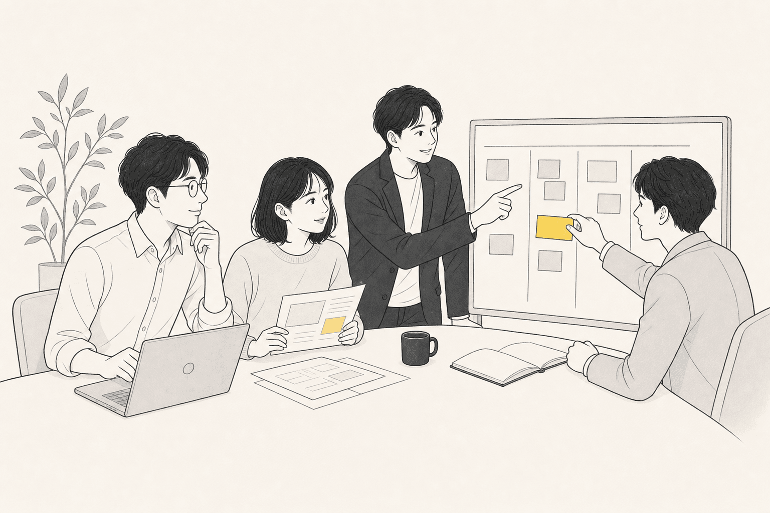 ホワイトボードの前に4人が集まって、付箋を貼りながら打ち合わせをしているイラスト
